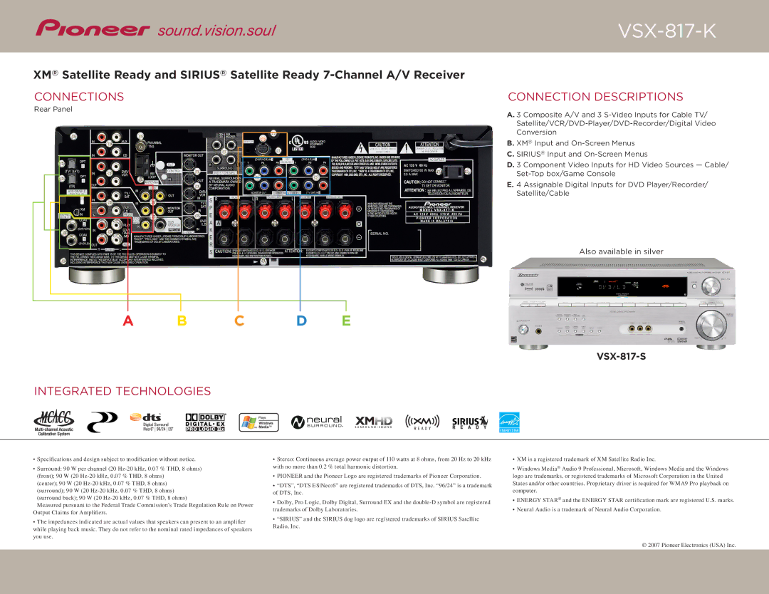 Pioneer VSX-817-K specifications Connections, Connection Descriptions, Integrated Technologies 