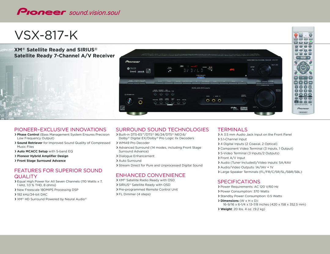 Pioneer VSX-817-K specifications XM Satellite Ready and SIRIUS, Satellite Ready 7-ChannelA/V Receiver, Terminals 
