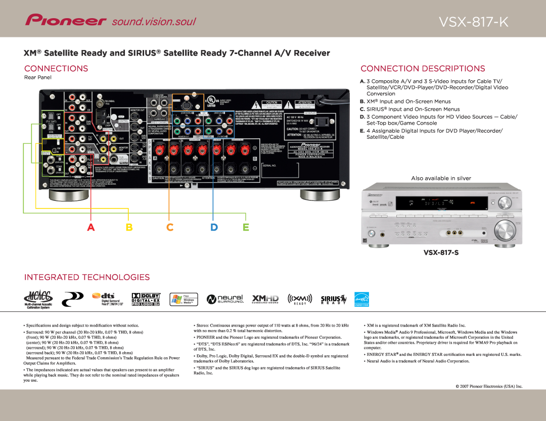 Pioneer VSX-817-K Connections, Connection Descriptions, Integrated Technologies, VSX-817-S, Also available in silver 