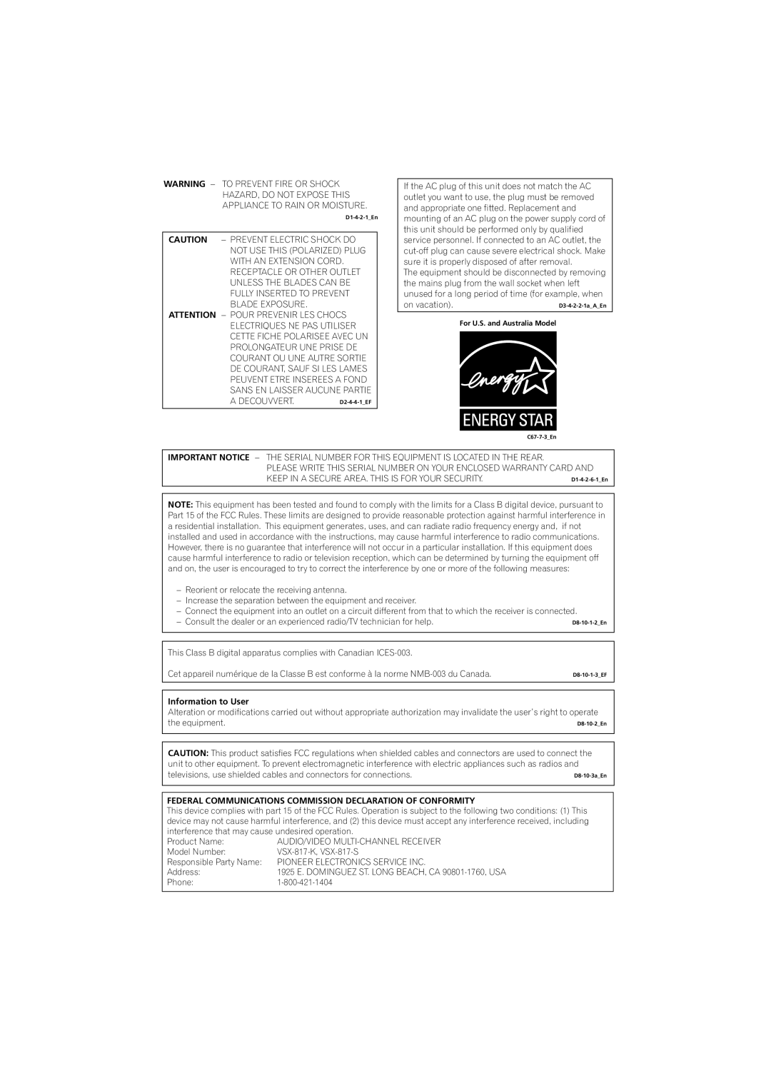 Pioneer VSX-817-S/-K operating instructions Federal Communications Commission Declaration of Conformity 