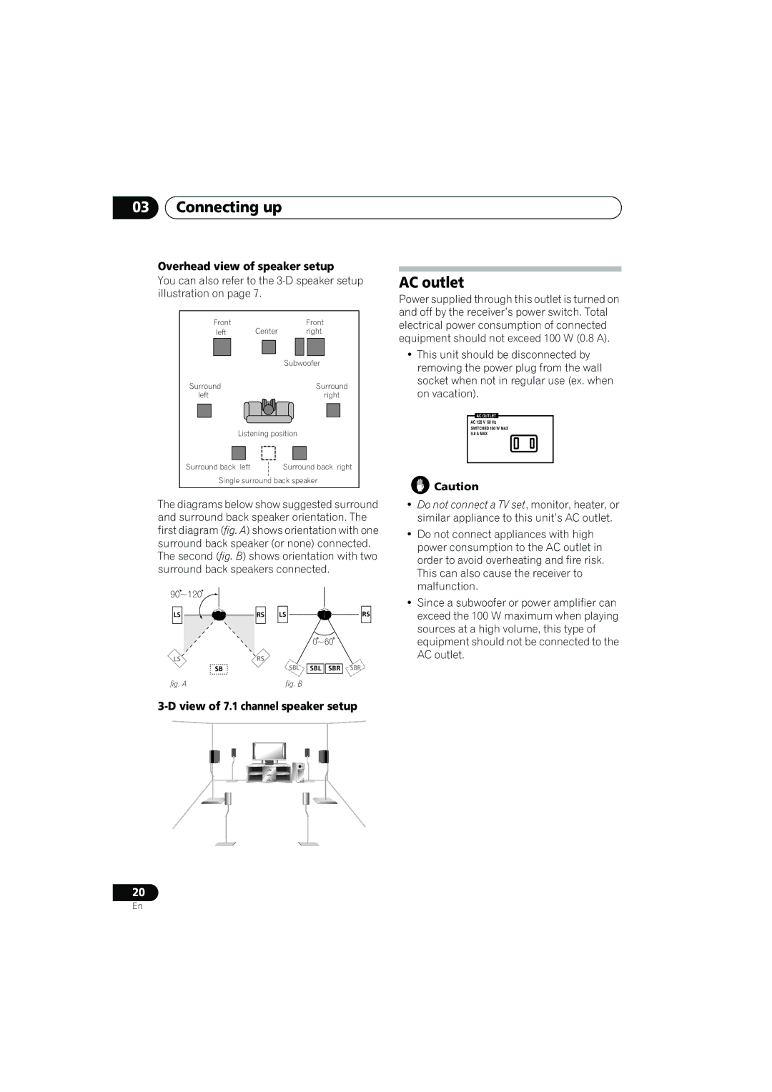 Pioneer VSX-817-S/-K operating instructions AC outlet, Overhead view of speaker setup, View of 7.1 channel speaker setup 