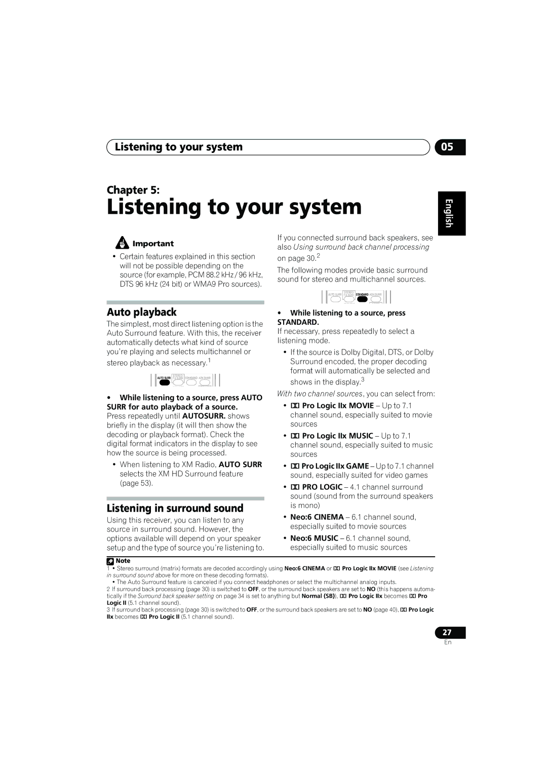 Pioneer VSX-817-S/-K Listening to your system Chapter, Auto playback, Listening in surround sound 