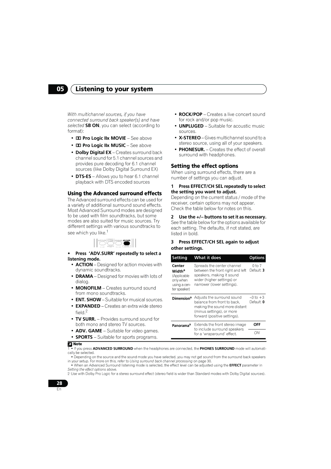 Pioneer VSX-817-S/-K Listening to your system, Using the Advanced surround effects, Setting the effect options 