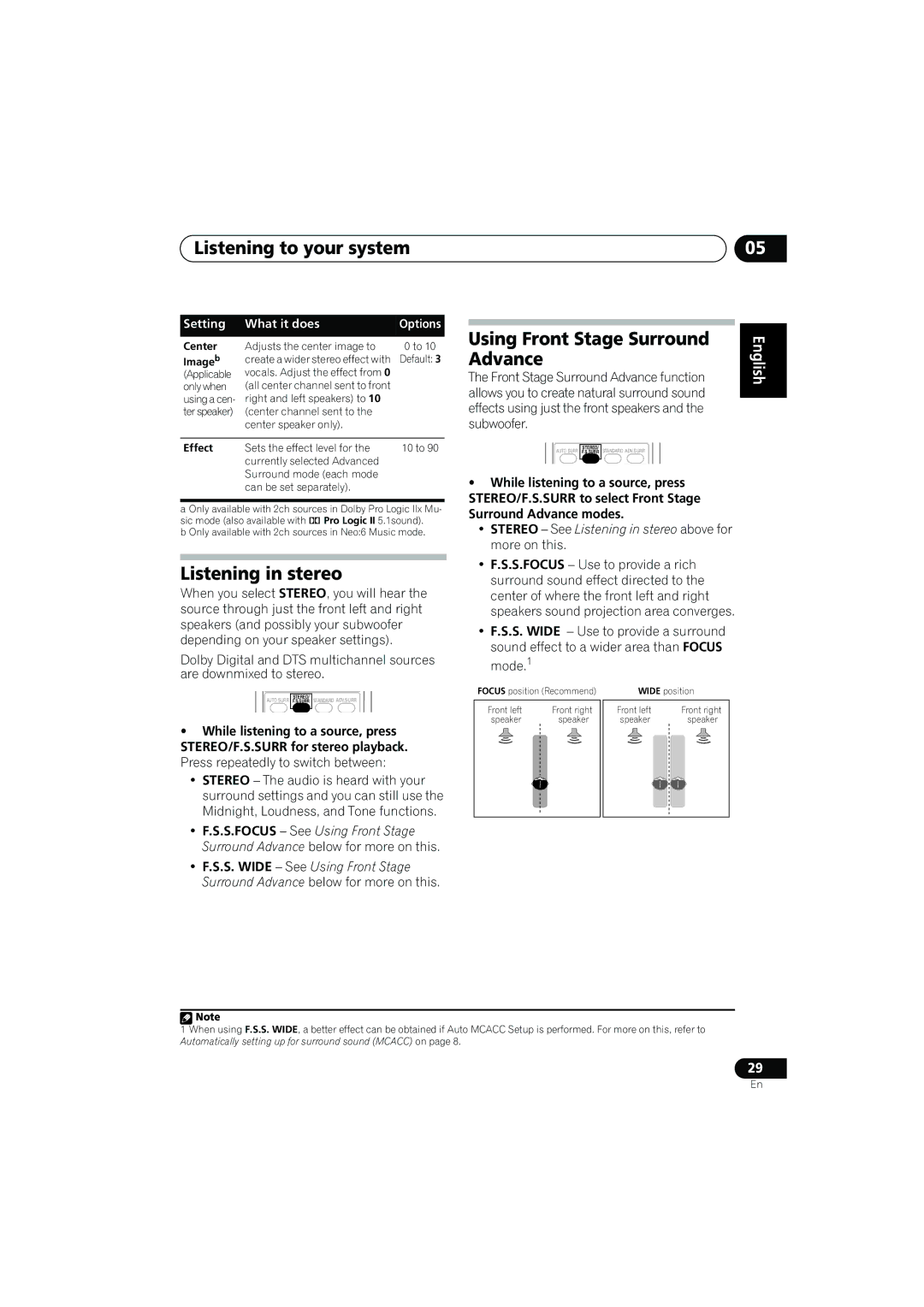 Pioneer VSX-817-S/-K operating instructions Listening in stereo, Using Front Stage Surround Advance 