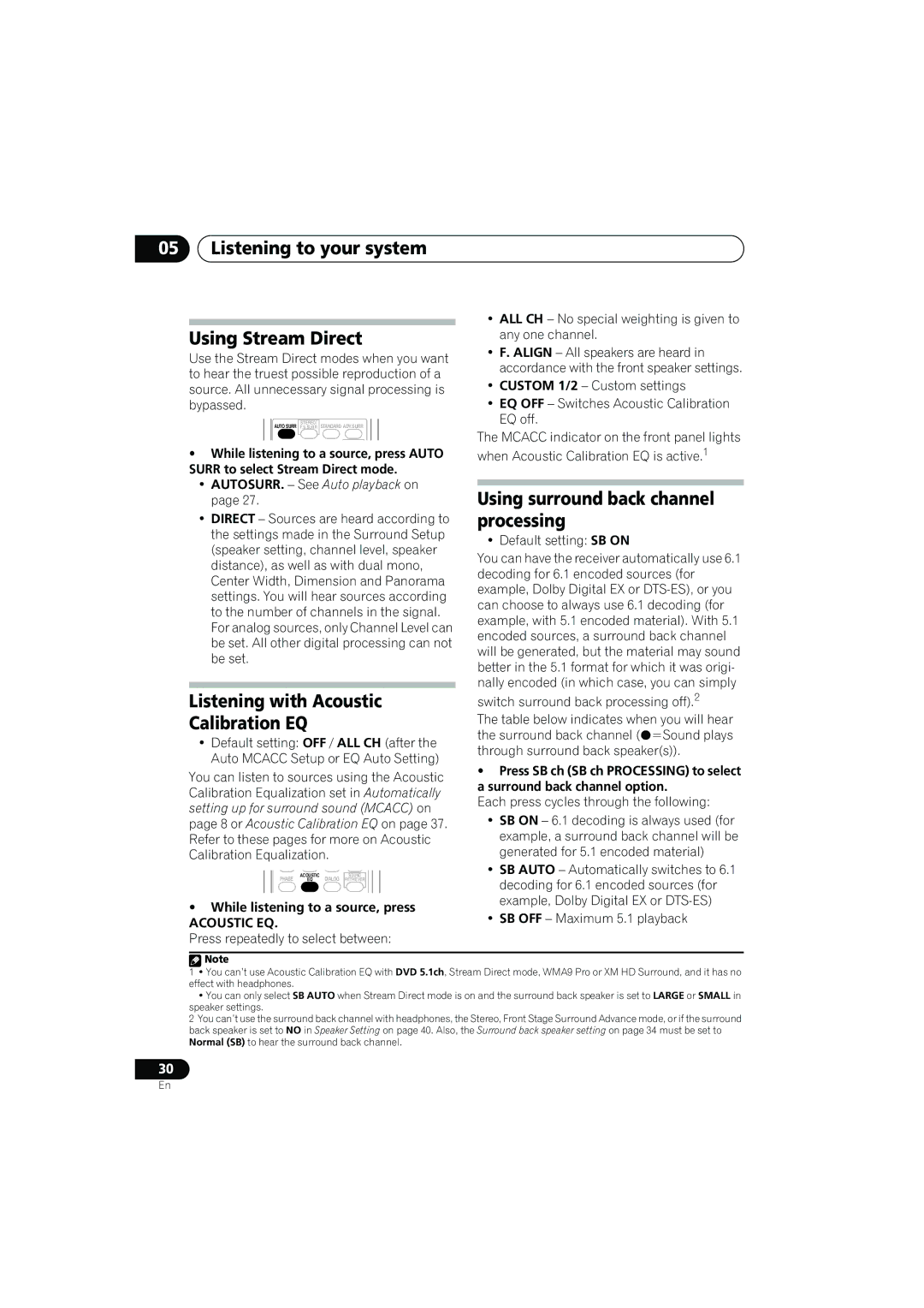 Pioneer VSX-817-S/-K Listening to your system Using Stream Direct, Using surround back channel processing 