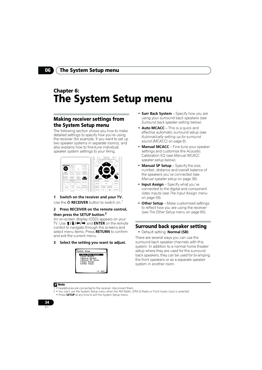 Pioneer VSX-817-S/-K System Setup menu Chapter, Surround back speaker setting, Select the setting you want to adjust 