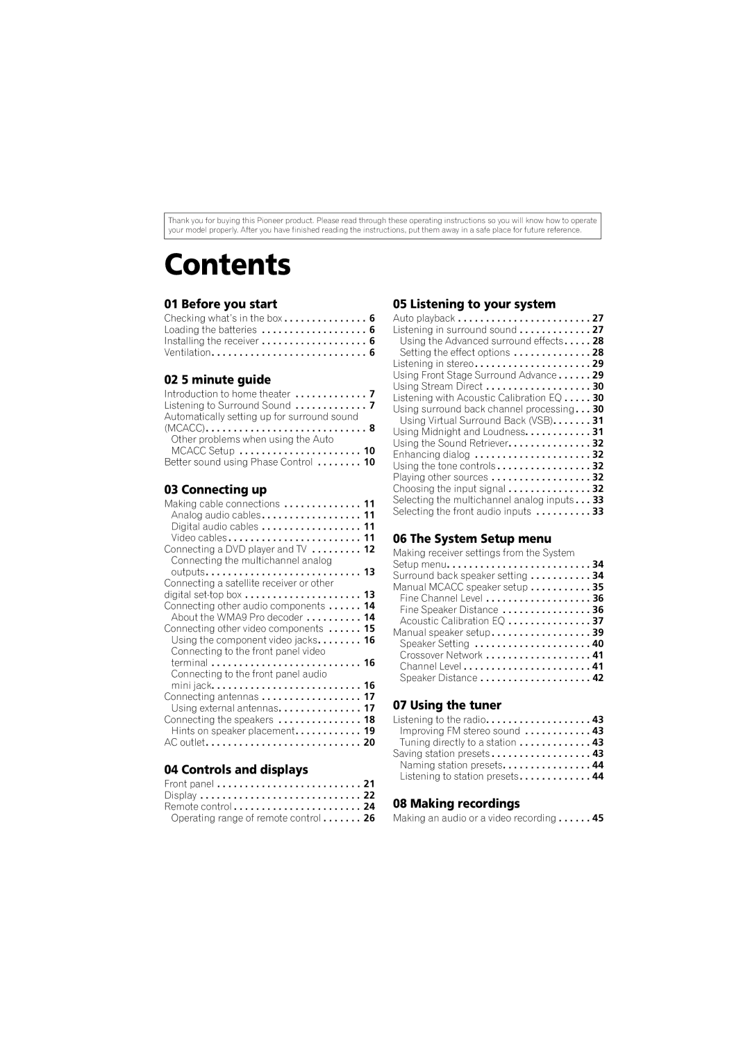 Pioneer VSX-817-S/-K operating instructions Contents 