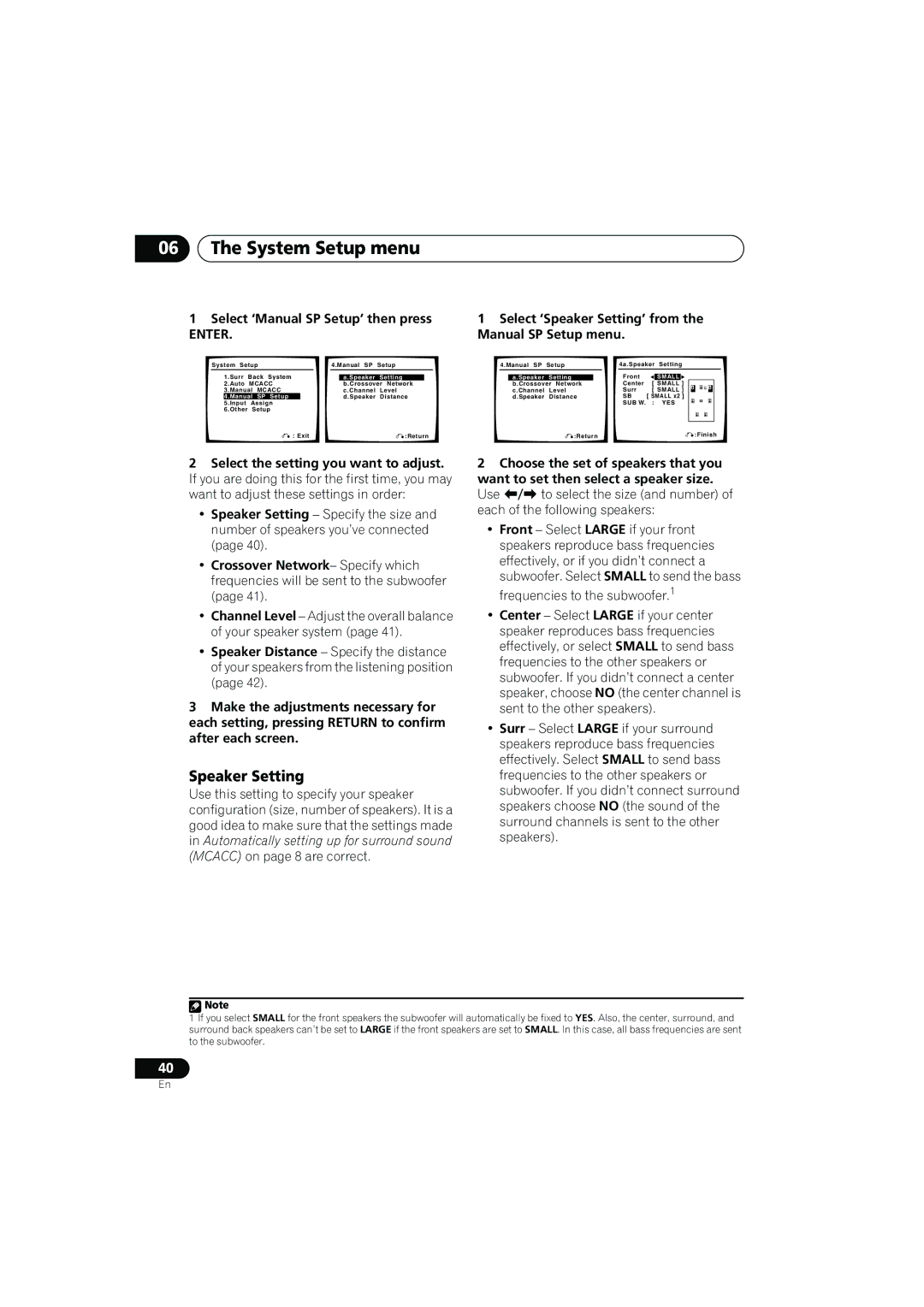 Pioneer VSX-817-S/-K operating instructions Speaker Setting, Manual SP Setup menu 