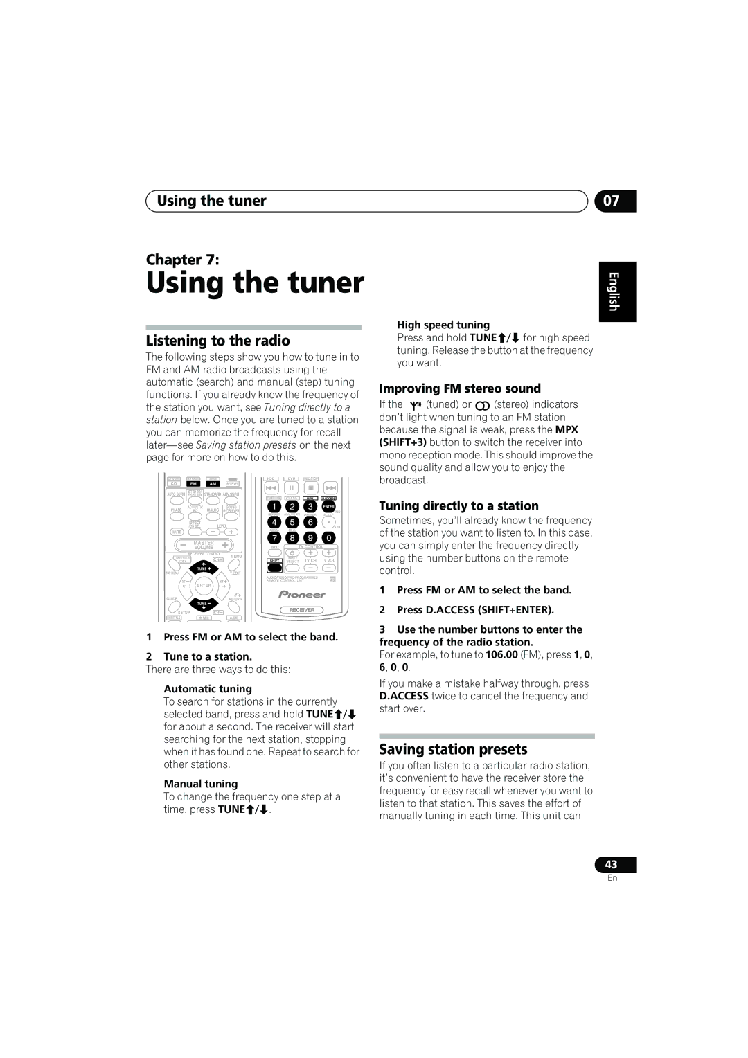 Pioneer VSX-817-S/-K operating instructions Using the tuner Chapter, Listening to the radio, Saving station presets 