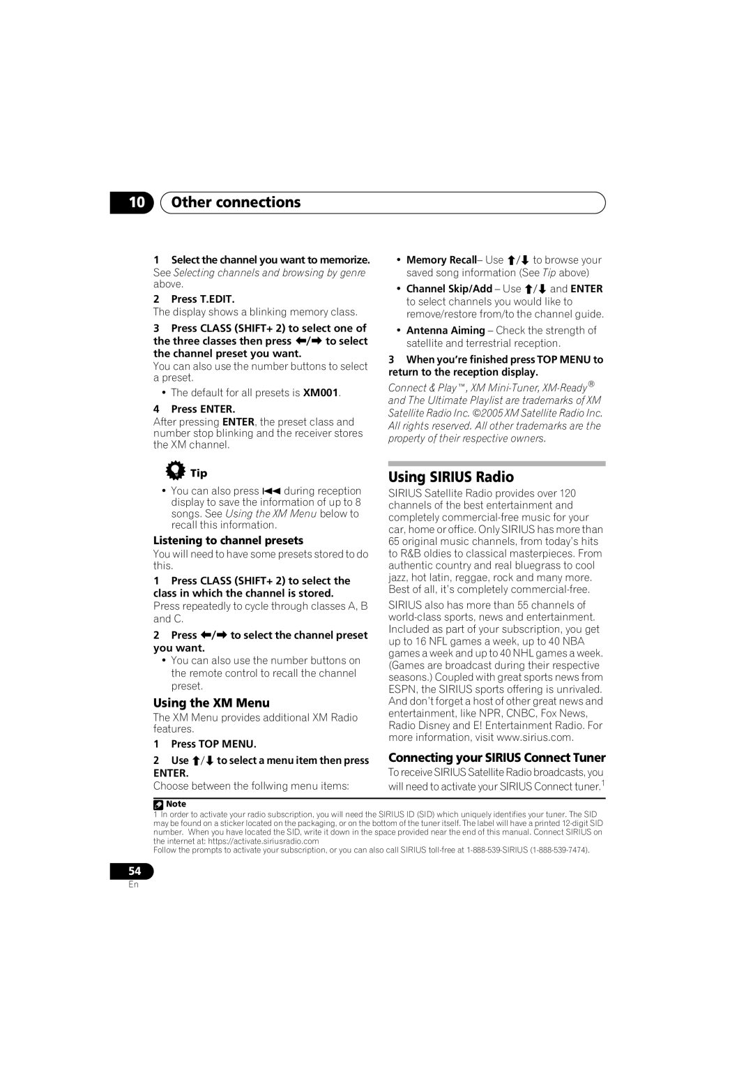 Pioneer VSX-817-S/-K operating instructions Using Sirius Radio, Using the XM Menu, Listening to channel presets 