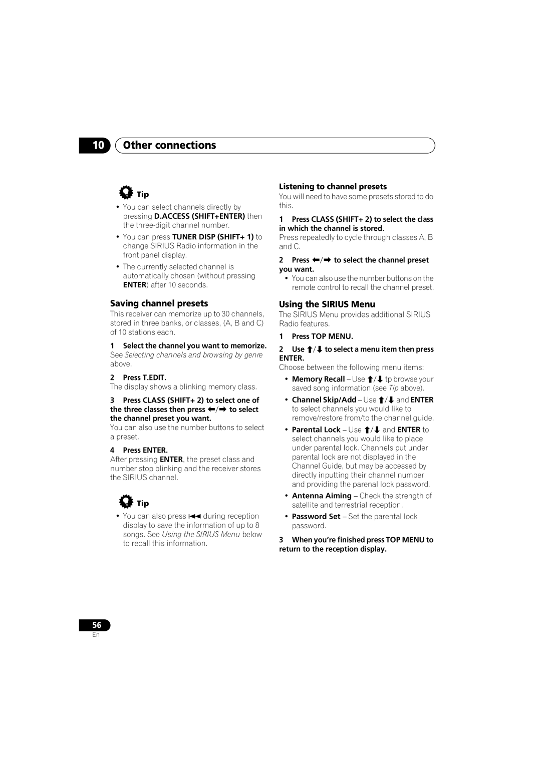 Pioneer VSX-817-S/-K operating instructions Using the Sirius Menu, You want, Press TOP Menu Use, ¥ Parental Lock Ð Use 