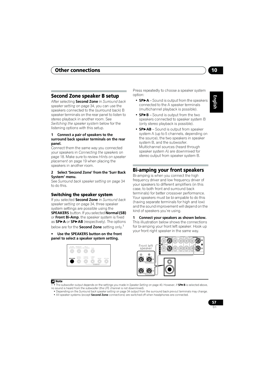 Pioneer VSX-817-S/-K operating instructions Other connections Second Zone speaker B setup, Bi-amping your front speakers 