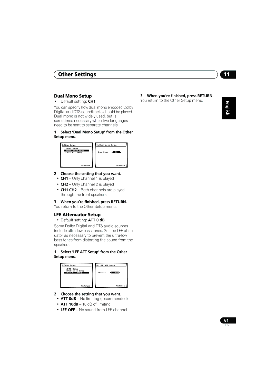 Pioneer VSX-817-S/-K operating instructions LFE Attenuator Setup, Select ‘Dual Mono Setup’ from the Other Setup menu 