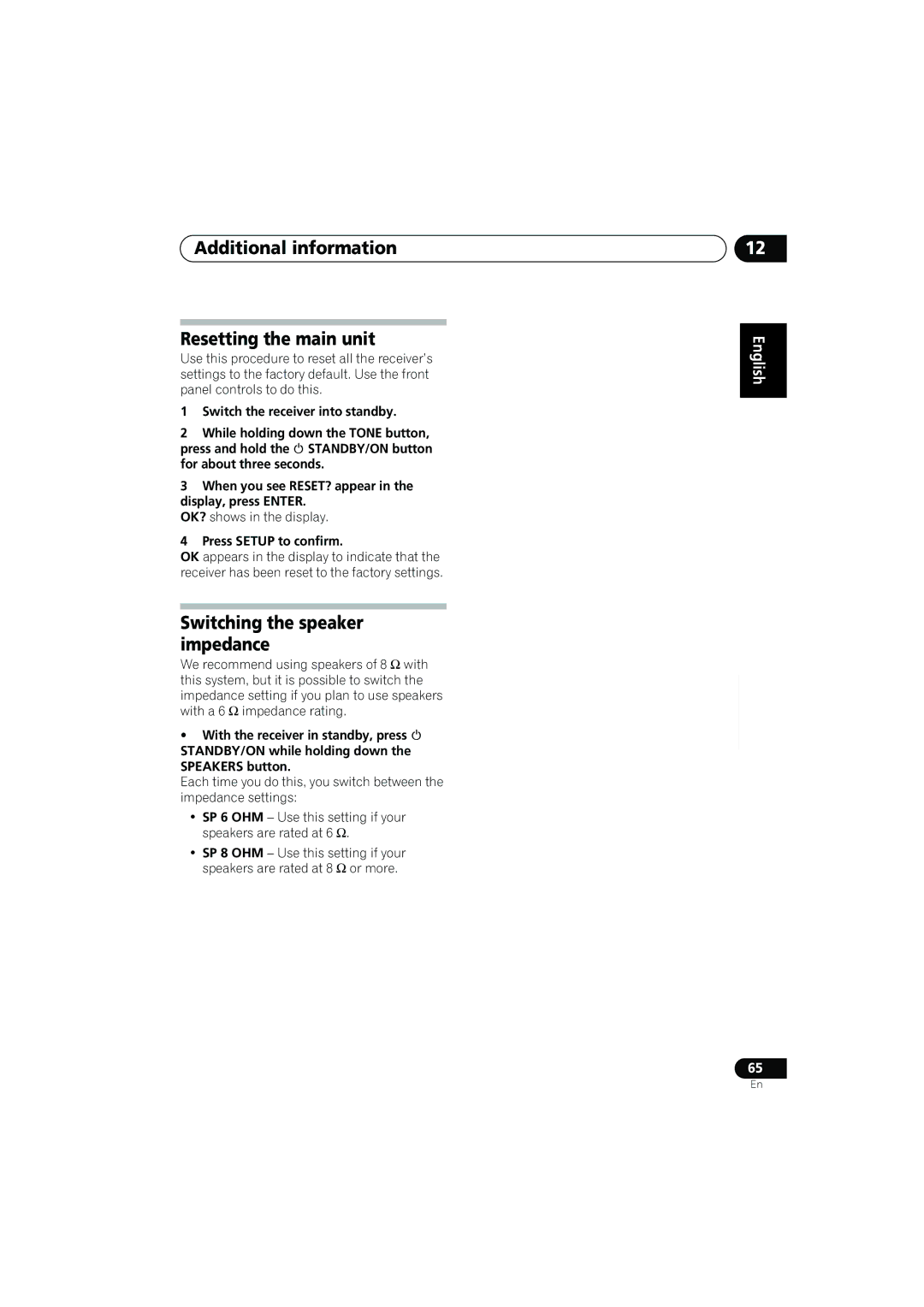 Pioneer VSX-817-S/-K operating instructions Additional information Resetting the main unit, Switching the speaker impedance 