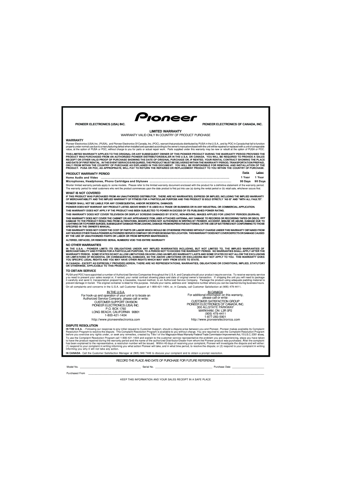 Pioneer VSX-817-S/-K operating instructions Limited Warranty 