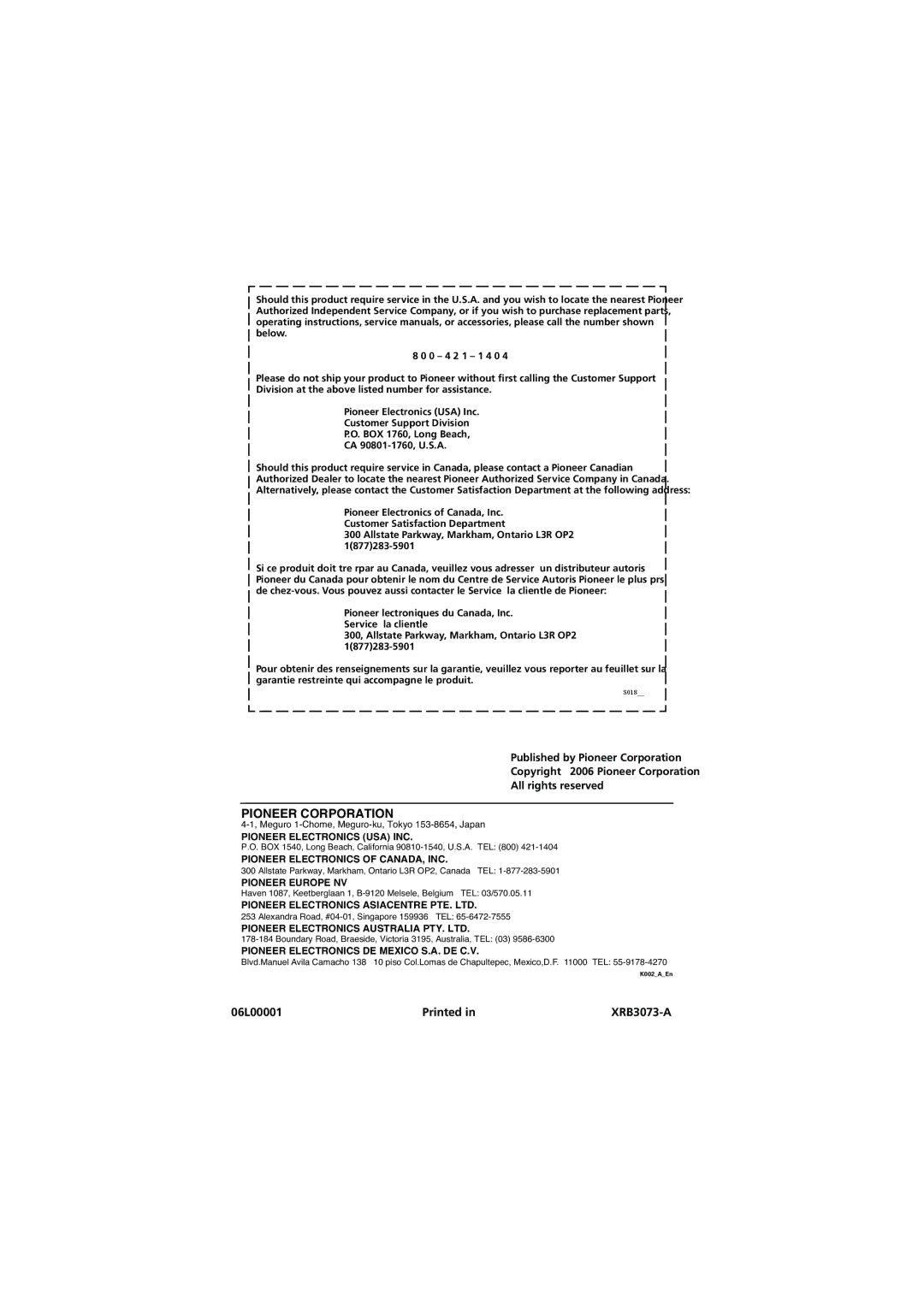 Pioneer VSX-817-S/-K operating instructions Pioneer Corporation 