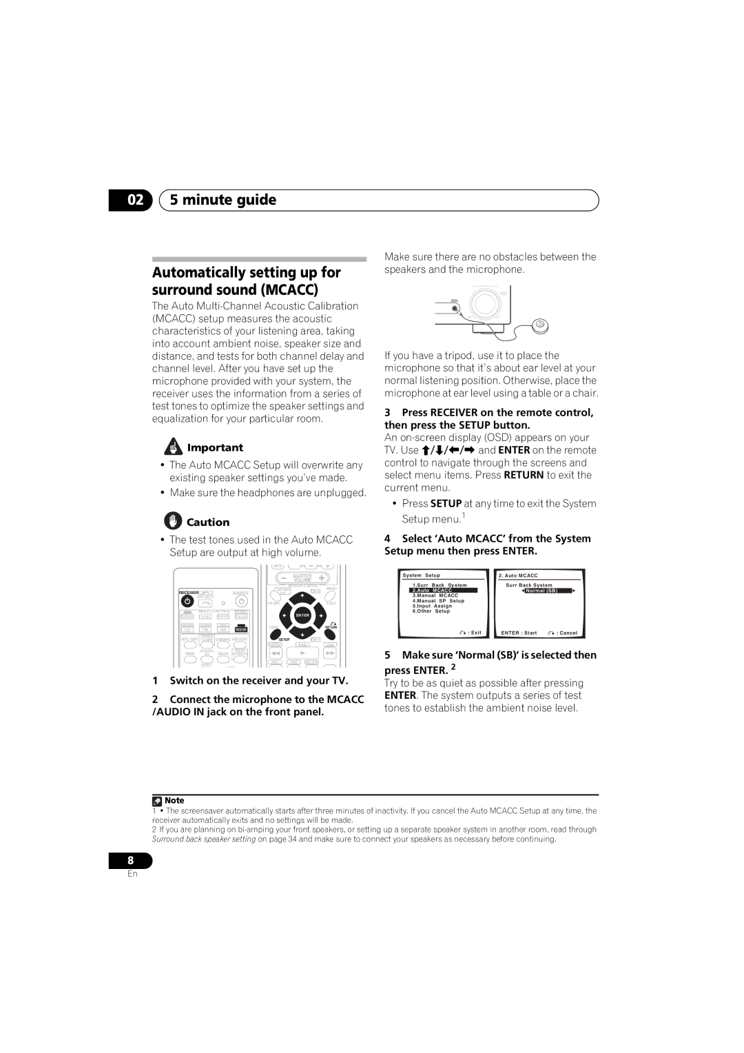 Pioneer VSX-817-S/-K operating instructions 02 5 minute guide, Automatically setting up for surround sound Mcacc 