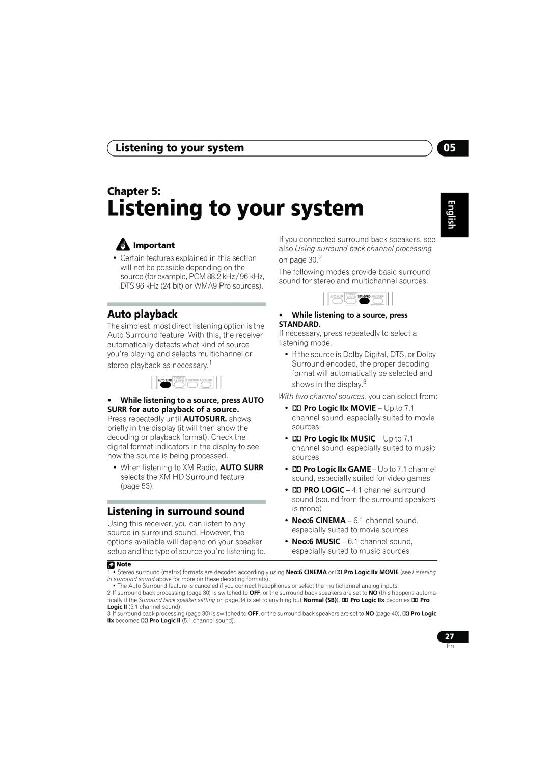 Pioneer VSX-817-S/-K Listening to your system, Chapter, Auto playback, Listening in surround sound, English, Deutsch 