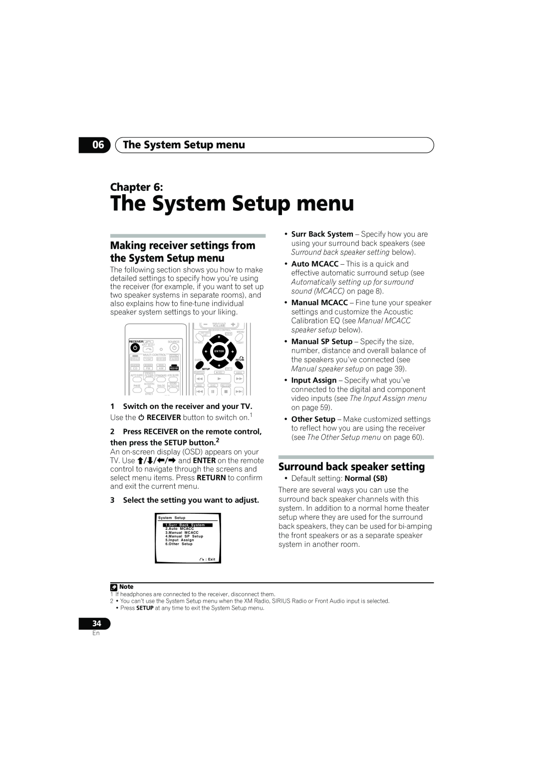 Pioneer VSX-817-S/-K operating instructions The System Setup menu Chapter, Surround back speaker setting 