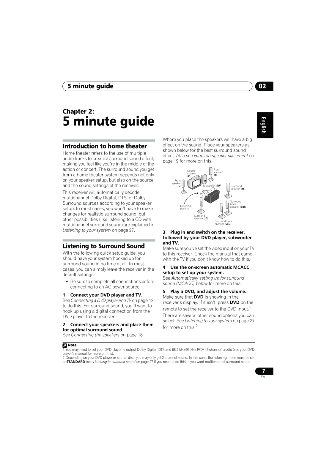 Pioneer VSX-817-S/-K minute guide Chapter, Introduction to home theater, Listening to Surround Sound, English 