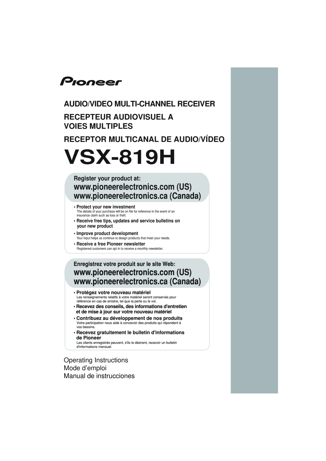 Pioneer VSX-819H-K manual Audio/Video Multi-Channelreceiver, Recepteur Audiovisuel A Voies Multiples 