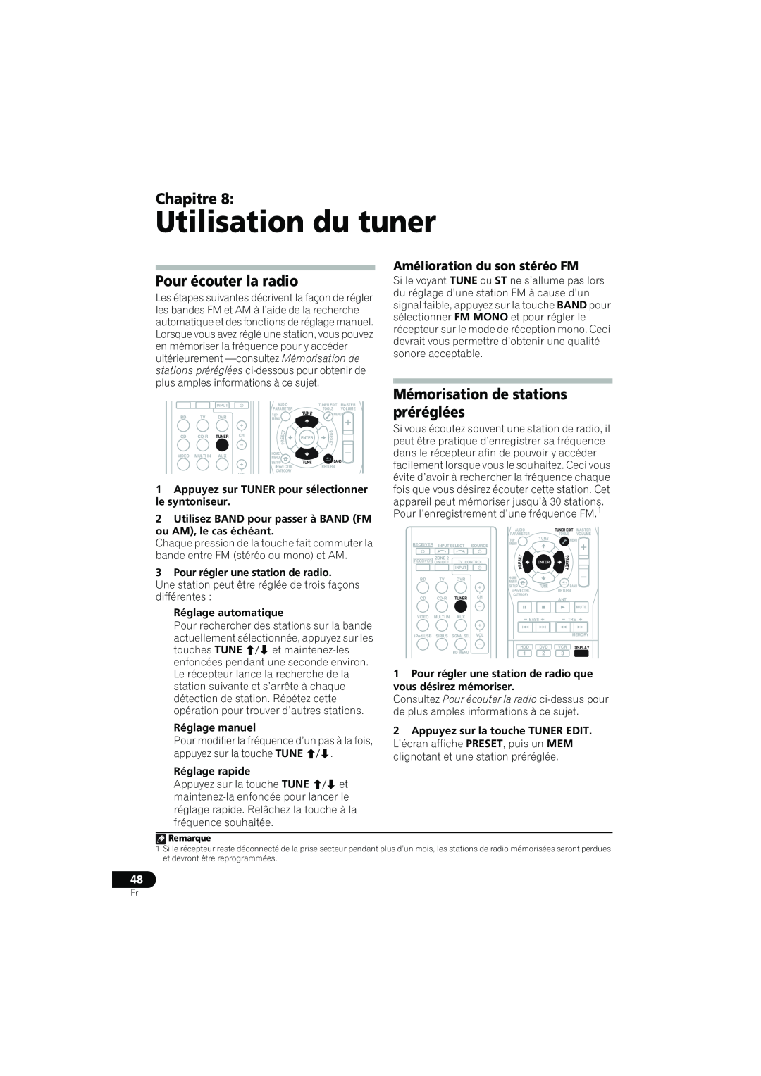 Pioneer VSX-819H-K manual Utilisation du tuner, Pour écouter la radio, Mémorisation de stations préréglées, Chapitre 