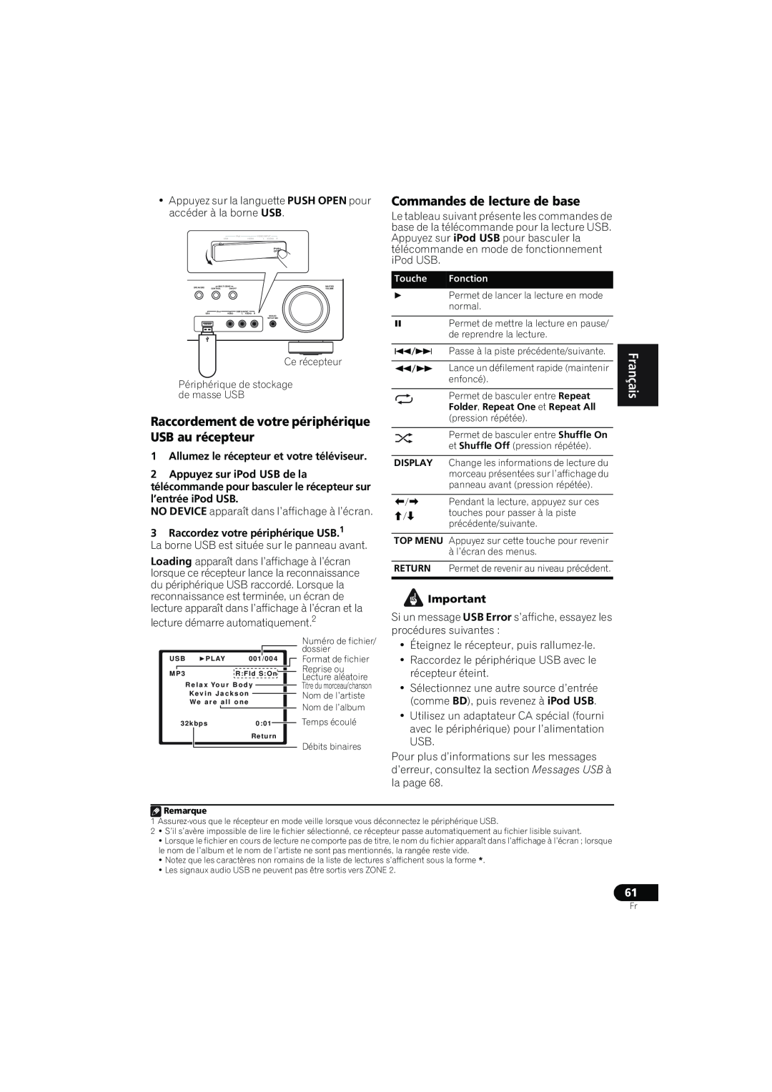 Pioneer VSX-819H-K manual Commandes de lecture de base, Périphérique de stockage de masse USB, English Français Español 