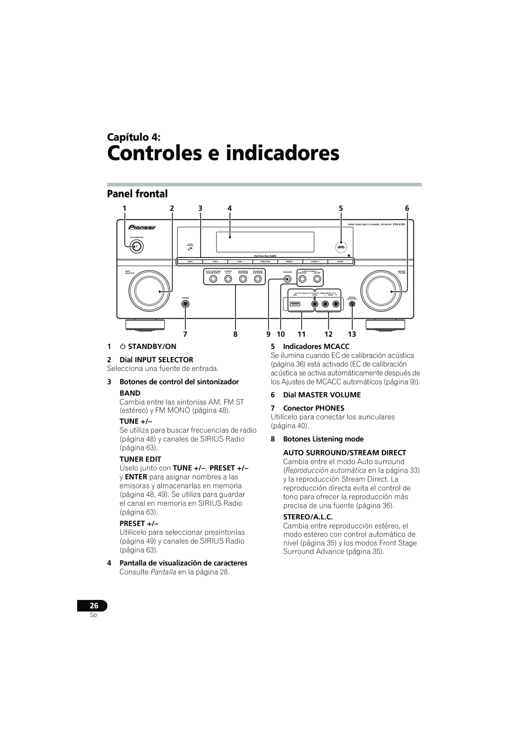 Pioneer VSX-819H-K manual Controles e indicadores, Panel frontal, Capítulo 