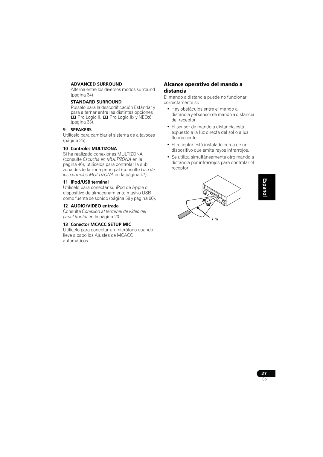 Pioneer VSX-819H manual Alcance operativo del mando a distancia, English Français Español 27, Advanced Surround, Speakers 