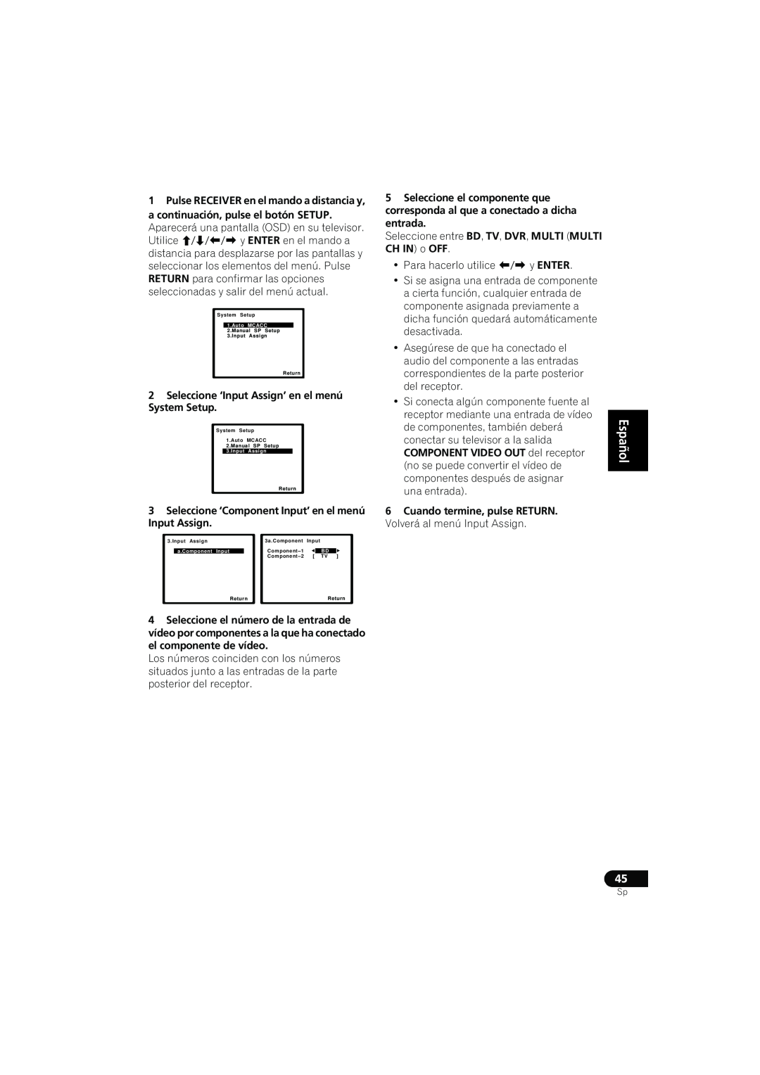 Pioneer VSX-819H-K manual English Français Español, 2Seleccione ‘Input Assign’ en el menú System Setup 