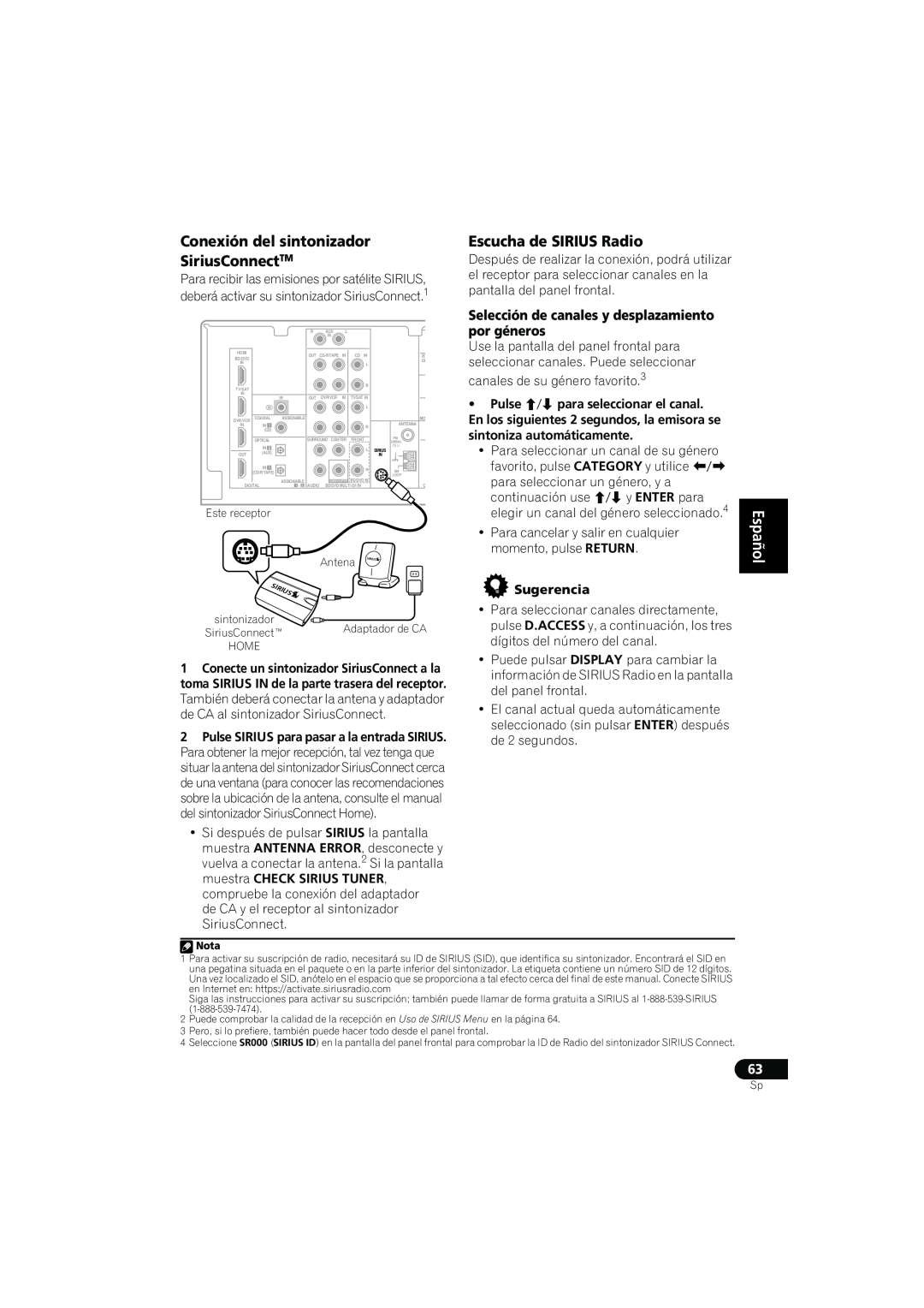 Pioneer VSX-819H-K manual Conexión del sintonizador, Escucha de SIRIUS Radio, SiriusConnectTM, English Français Español 