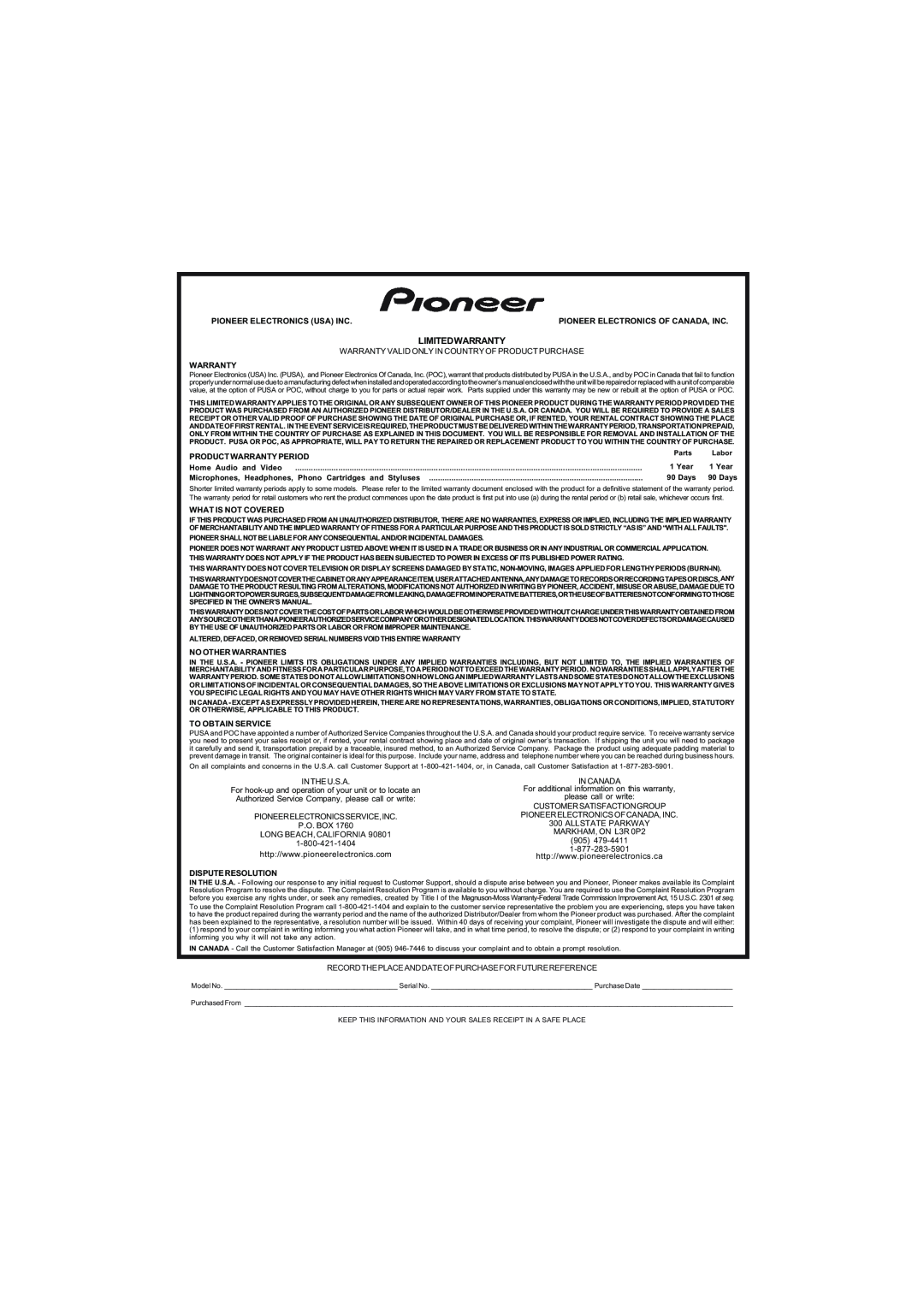 Pioneer VSX-819H-K manual Limitedwarranty 