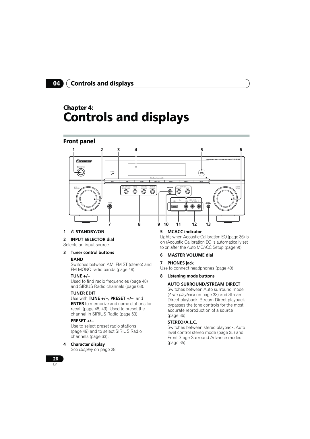 Pioneer VSX-819H-K manual 04Controls and displays Chapter, Front panel, 12 3 