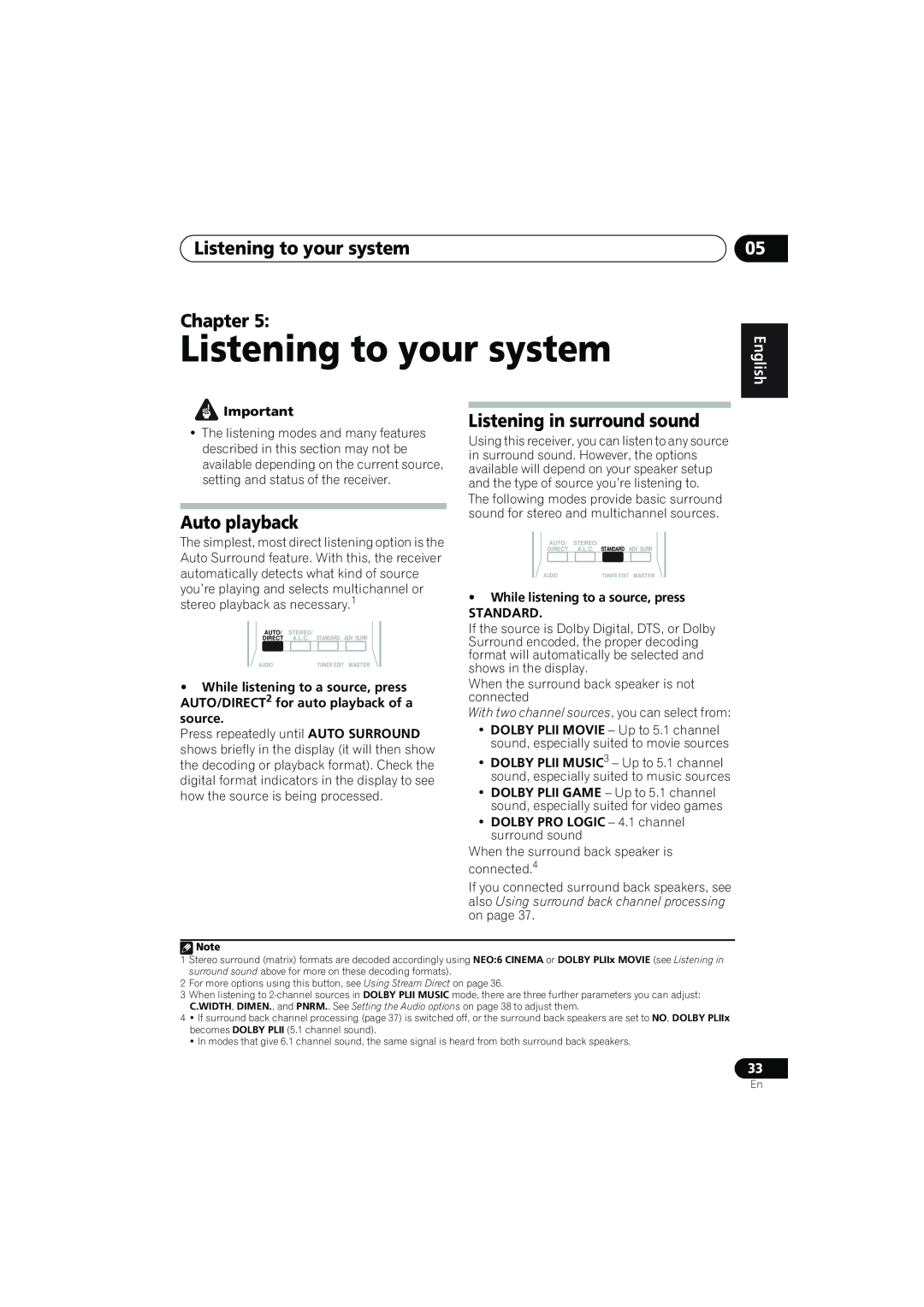 Pioneer VSX-819H-K manual Listening to your system Chapter, Auto playback, Listening in surround sound, English 