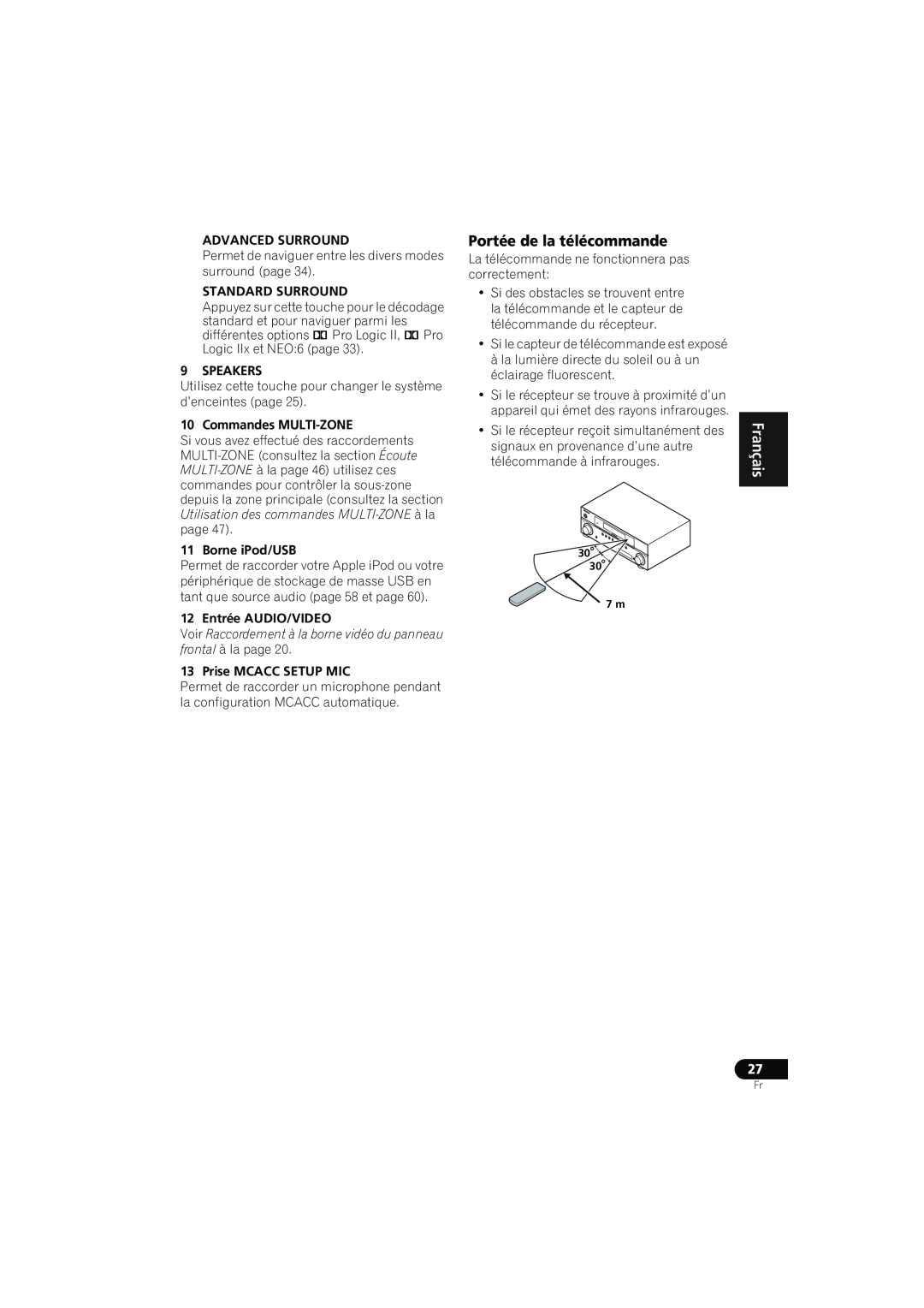 Pioneer VSX-819H-K manual Portée de la télécommande, English Français Español 27 