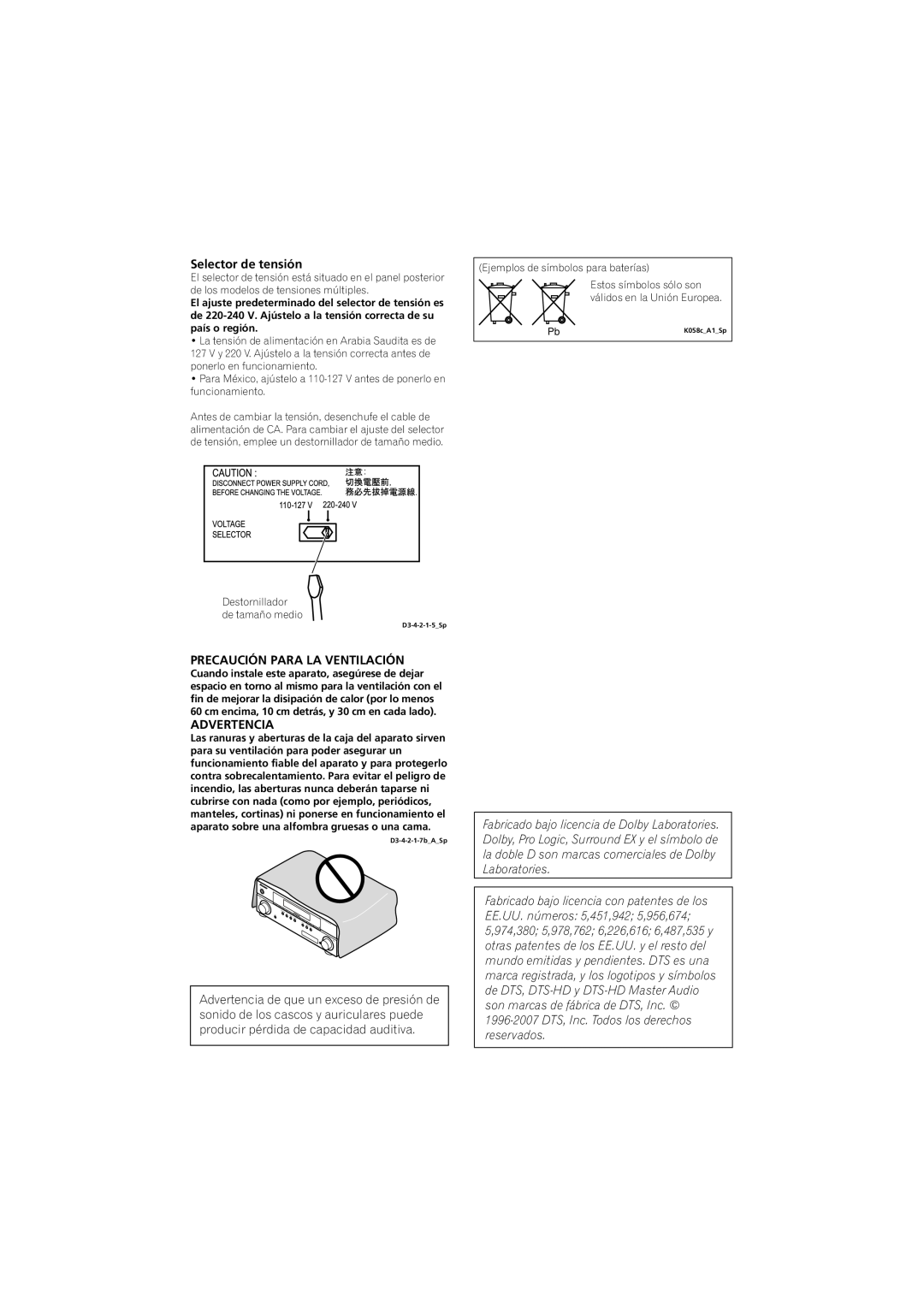 Pioneer VSX-819H-S manual Selector de tensión, Precaución Para La Ventilación, Advertencia 