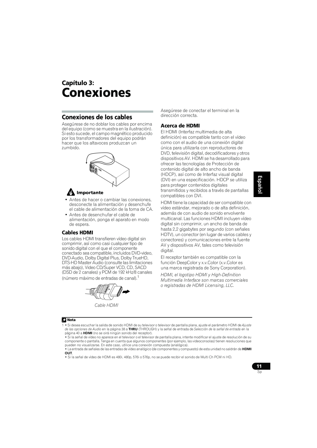 Pioneer VSX-819H-S manual Conexiones de los cables, Cables HDMI, Acerca de HDMI, Capítulo, English Español, Cable HDMI 
