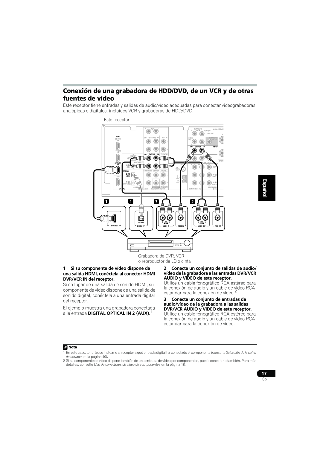 Pioneer VSX-819H-S manual English Español, ala entrada DIGITAL OPTICAL IN 2 AUX.1 
