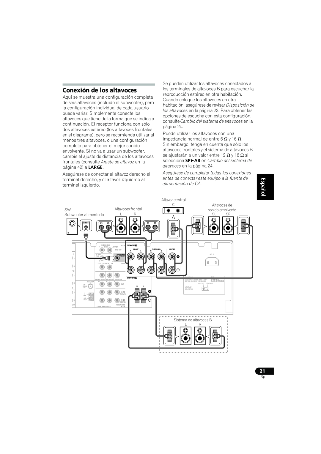 Pioneer VSX-819H-S manual Conexión de los altavoces, English Español 
