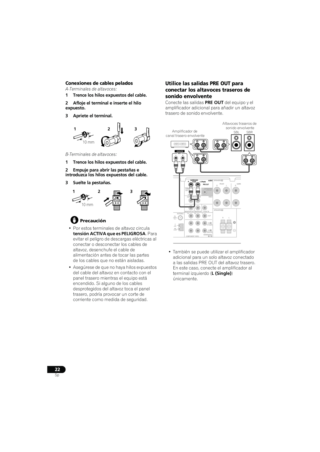 Pioneer VSX-819H-S manual Conexiones de cables pelados, A-Terminalesde altavoces, B-Terminalesde altavoces 