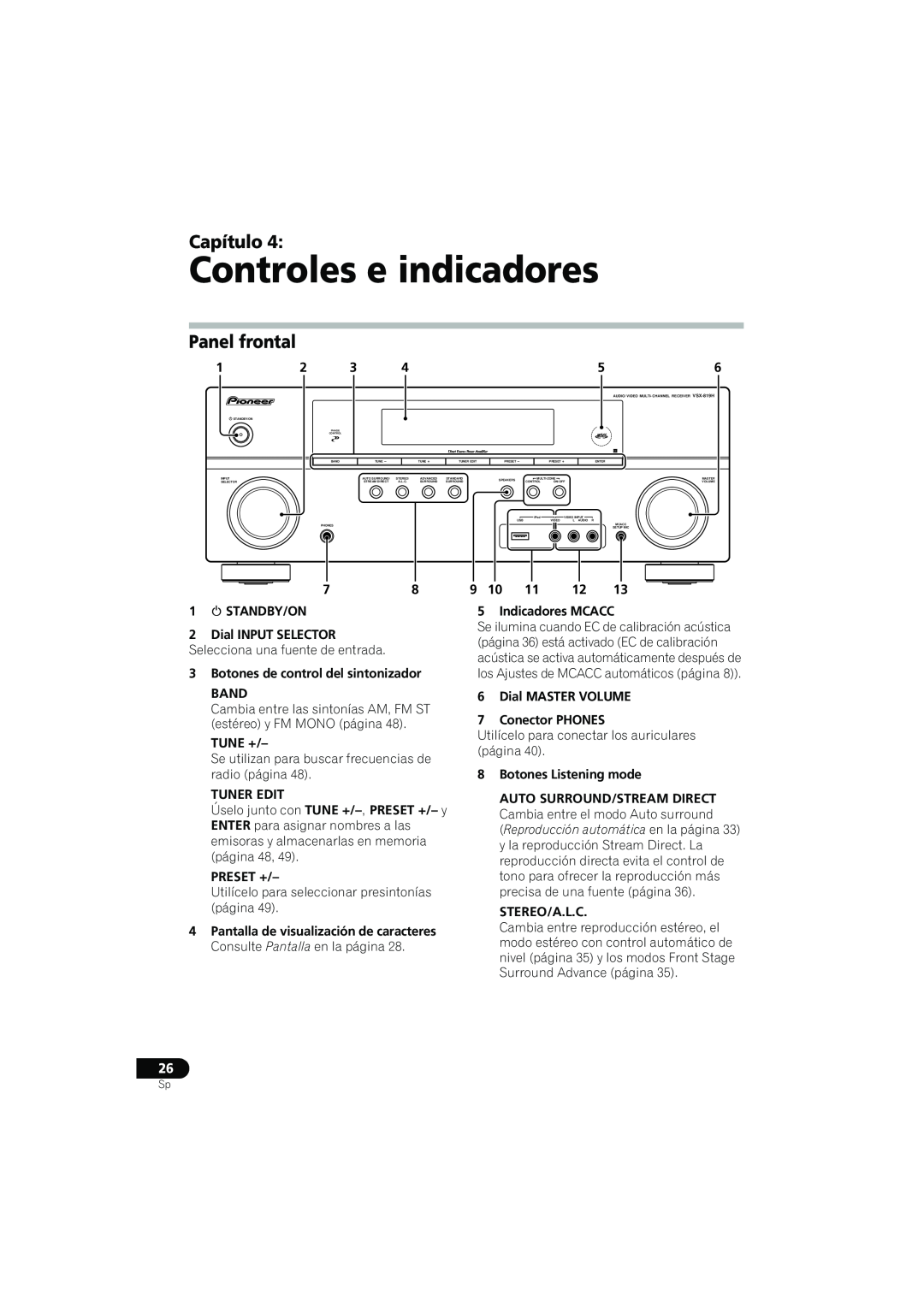 Pioneer VSX-819H-S manual Controles e indicadores, Panel frontal, Capítulo 