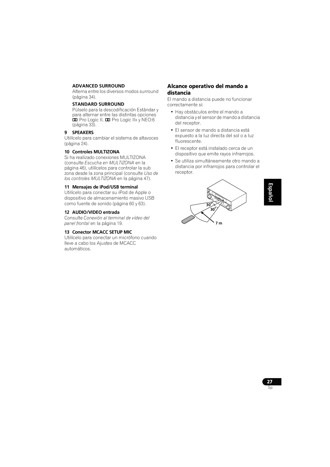 Pioneer VSX-819H-S manual Alcance operativo del mando a distancia, Advanced Surround, Standard Surround, Speakers 
