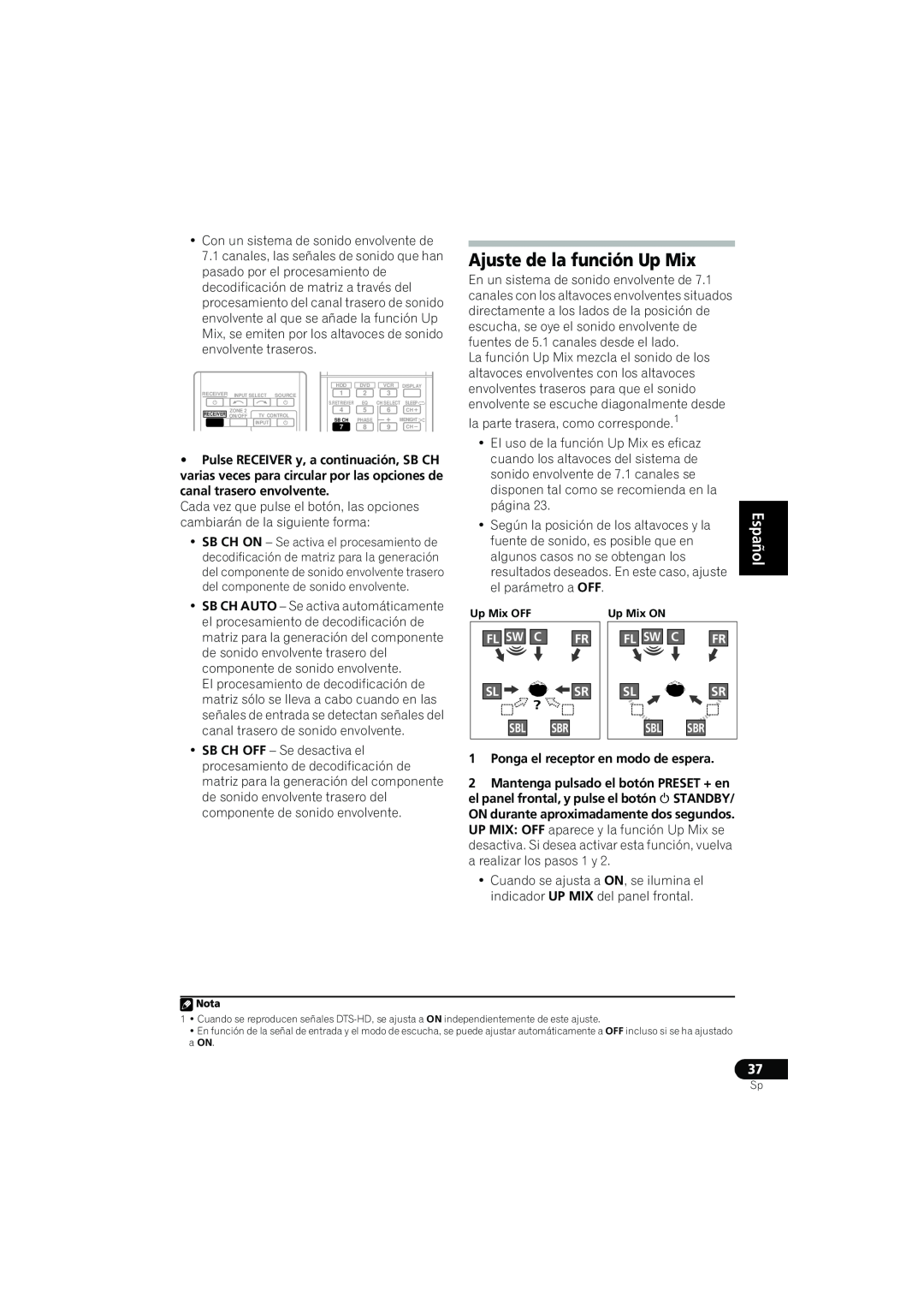 Pioneer VSX-819H-S manual Ajuste de la función Up Mix, English Español, • Pulse RECEIVER y, a continuación, SB CH, Fl Sw 