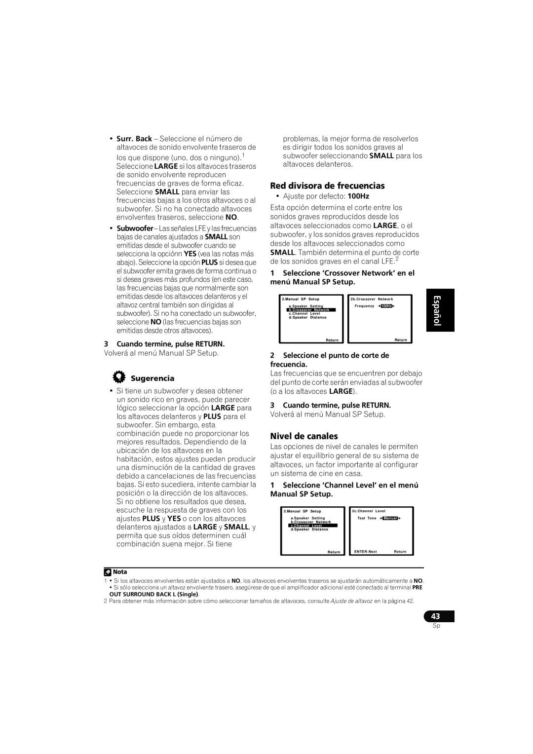 Pioneer VSX-819H-S manual Red divisora de frecuencias, Nivel de canales, English Español, Sugerencia 