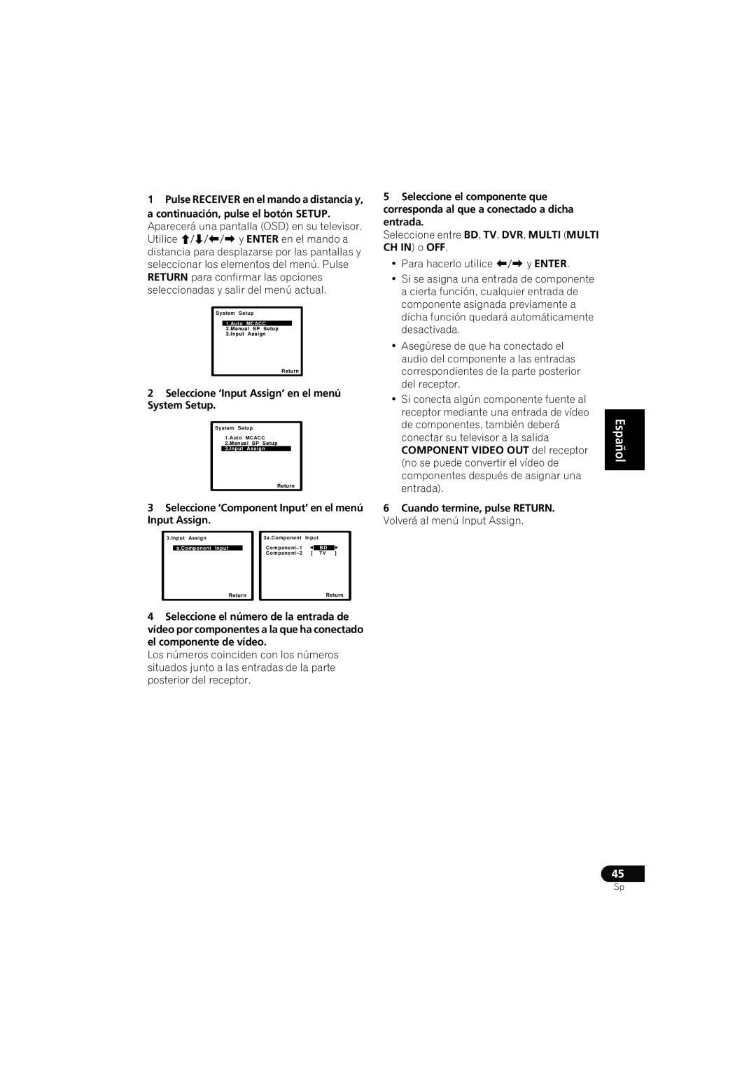 Pioneer VSX-819H-S manual English Español, 2Seleccione ‘Input Assign’ en el menú System Setup 