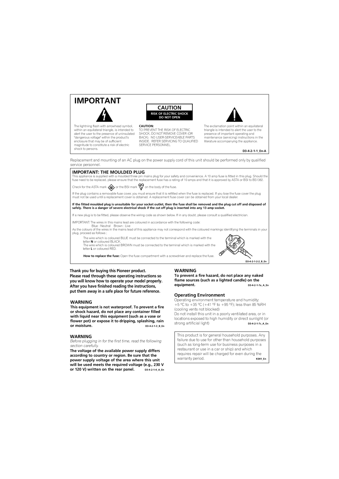 Pioneer VSX-819H-S manual Important The Moulded Plug, Operating Environment, Thank you for buying this Pioneer product 