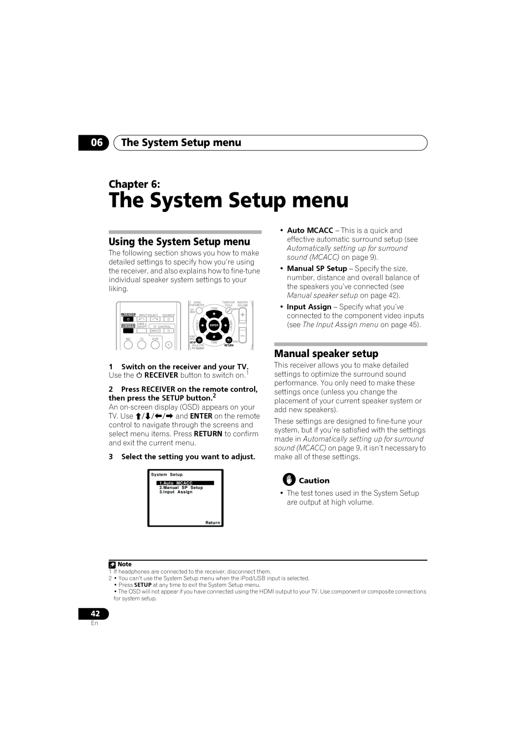 Pioneer VSX-819H-S manual 06The System Setup menu Chapter, Using the System Setup menu, Manual speaker setup 