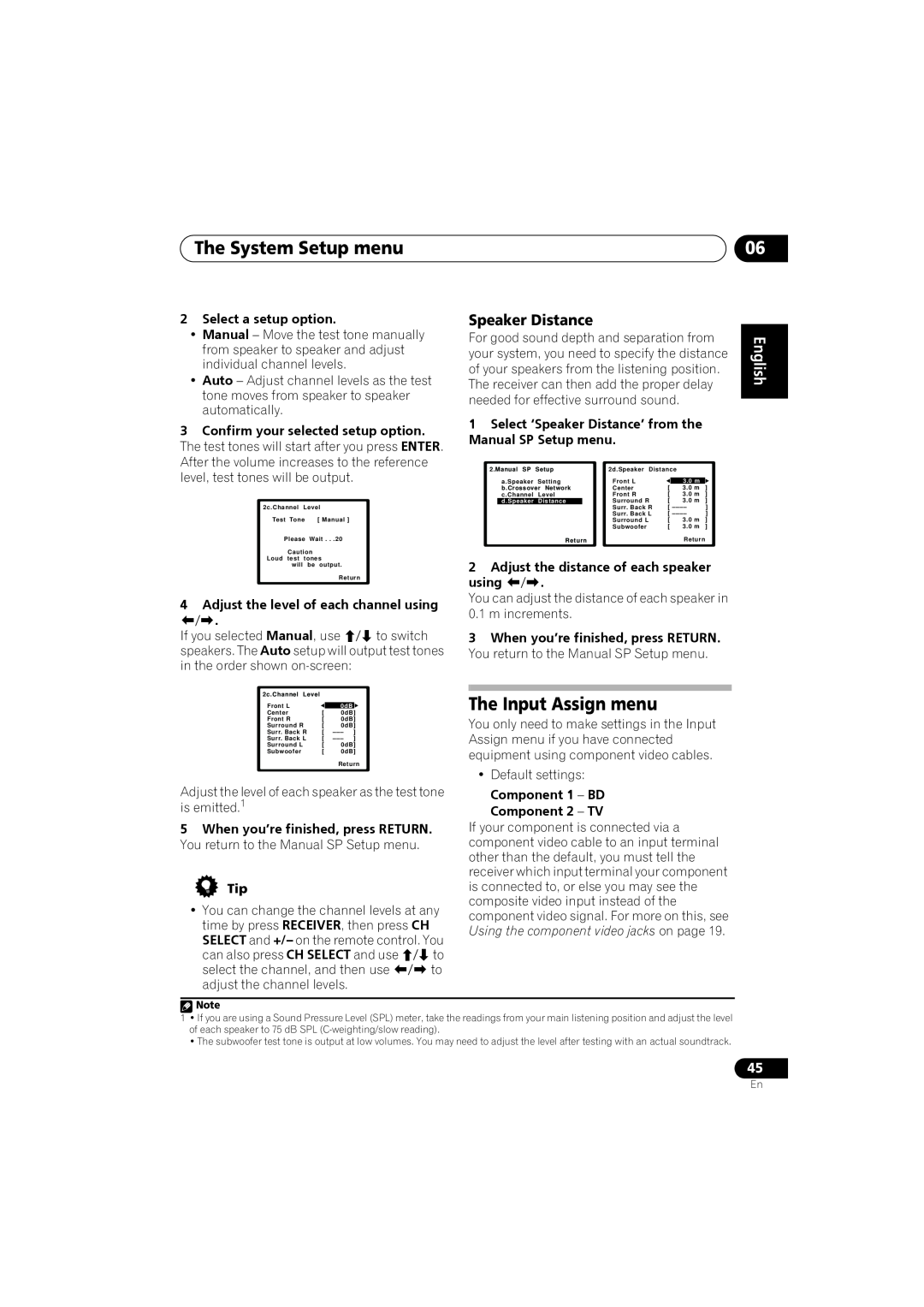 Pioneer VSX-819H-S manual The Input Assign menu, Speaker Distance, The System Setup menu, English Français, Español Deutsch 