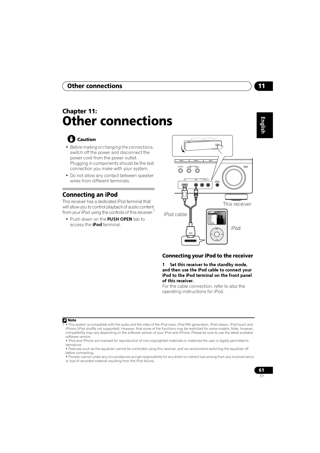 Pioneer VSX-819H-S manual Other connections Chapter, Connecting an iPod, This receiver, iPod cable, English, Français 