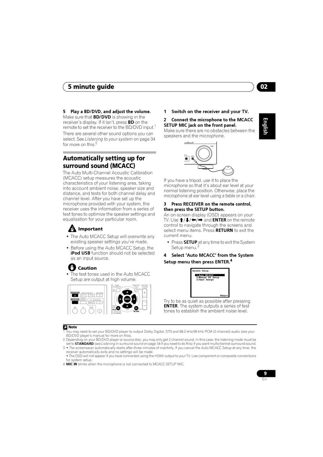 Pioneer VSX-819H-S manual minute guide, Automatically setting up for surround sound MCACC, English Français 